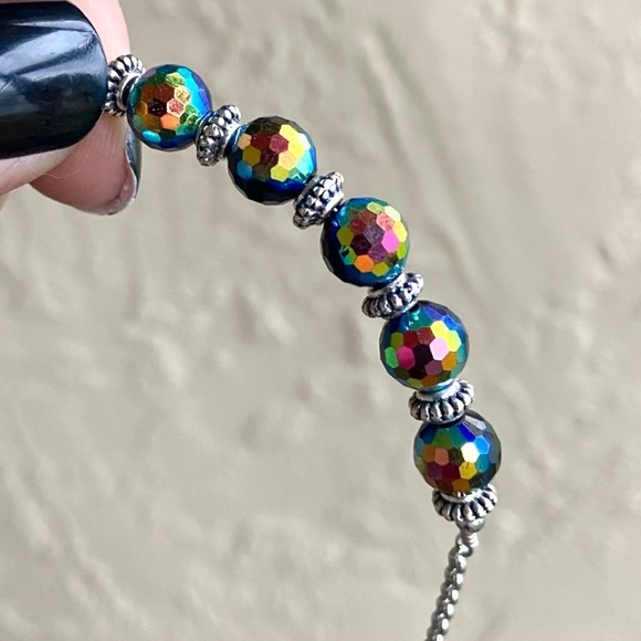 Druzy quartz moon double layer stainless steel chains boho iridescent necklace - Picture 5 of 12